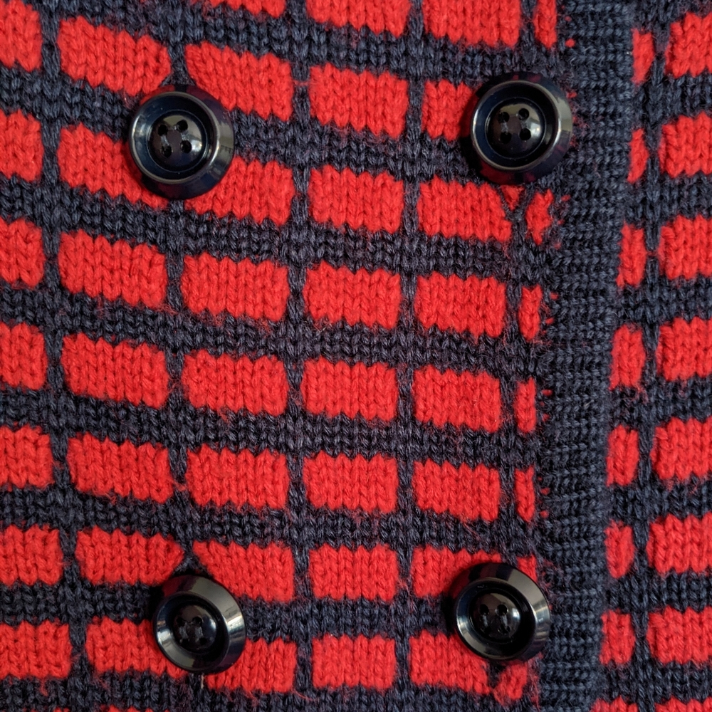 Beth Bowley Cardigan Sweater Red Blue Wool Cowl Neck Check Size Small - Picture 8 of 15